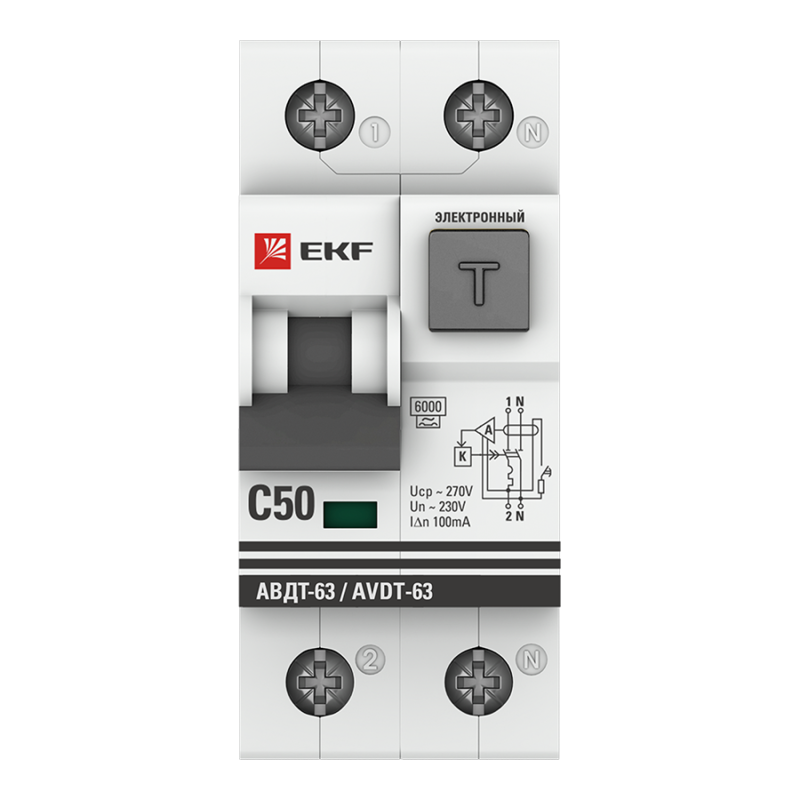 Выключатель автоматический дифференциального тока 2п C 50А 100мА тип A 6кА АВДТ-63 2мод. электрон. PROxima EKF DA63-50-100e