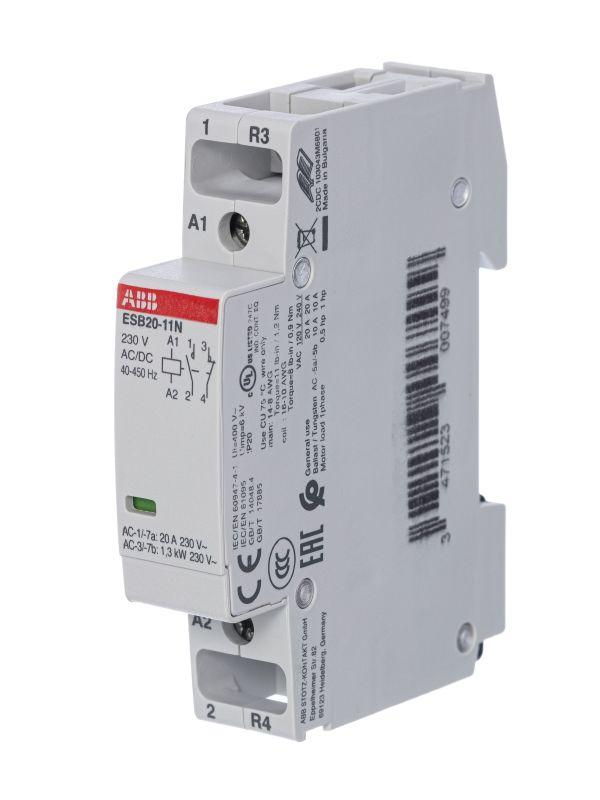 Контактор ABB модульный ESB20-11N-06 (20А АС-1 1НО+1НЗ) катушка 230В AC/DC 1SBE121111R0611